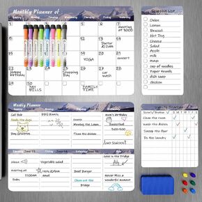 Magnetic Calendar for Refrigerator Whiteboard (4-Pack) Weekly & Monthly Planner, Chore Charts, Grocery/to-Do Lists White Board with 8 Markers, 6 Magnets, and 1 Eraser for Home Kitchen, Gray