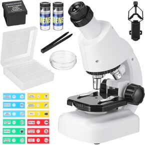 Kids Beginner Microscope Kit 100X-1200X Compound Microscopes with Built in LED Light and 28 Pieces Science Accessory Kit for Kids Ages 8-12 Experiments Birthday Gift, White