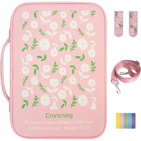 Bible Cover Case for Women, Premium PU Leather Bible Holder with Shoulder Strap & Zipper Closure, Large Bible Carrying Bag Includes 2 Bookmarks & 5 Highlight Stickers (Pink)