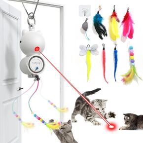 Interactive Cat Toys, LED Light, 8 PCS Replacement Teaser with Bell Refills, Feather & Mouse Cat Toys, Hanging Cat Toys for Indoor Cats, for Bored Adult Cats Kitten Exercise, Silver