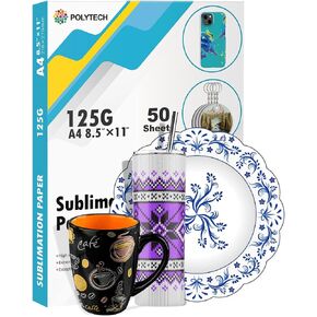 Polytech Sublimation Paper, 8.5x11, 50 Sheets, Heat Transfer Paper for All Sublimiation Blanks, For All Sublimation Printer and Ink, For Tumblers, Magnet Blanks, Ceramic Ornaments, Light T-Shirt,125G