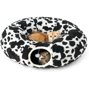 Cat Tunnel Bed for Indoor Cats - Cute Cat Donut Tunnel with Washable Circle Cushion, Round Pet Play Tunnel Toy for Kitten/Puppy/Rabbit, Black&White