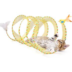 Potaroma Spiral Tunnel Cat Toy, Self Play Cat Play Spiral Kitten Tunnel Toy, Collapsible Spring Tunnel Toy for Indoor Cats with Feather and Bell, 20 Inches Unfolded