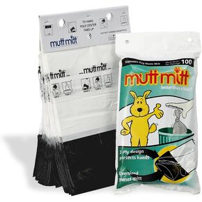 Mutt Mitt® New Listing, Same 100 White & Black 2-Ply Dog Waste Bags on 1 Dog Waste Bag Station Header - 300% Thicker than mini roll dog waste bags - no more warm & yuck feeling