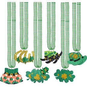 Mega-L St Patricks Day Necklaces, 18Pcs Green Gold Clover Beads Accessories Decorations, Round Beads Irish Shamrock Necklaces Costume 6 Style Glitter Pendants for Parade Wedding Mardi Gras Party Favor