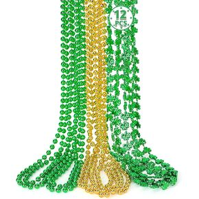 12 PCS St Patricks Day Necklace, Gold Green Beads Shamrocks Necklace, Plastic Shamrocks Bead Necklace Set, Irish Beer Decorations Supplies for St.Patricks Day Accessories Decorations Favors Bulk