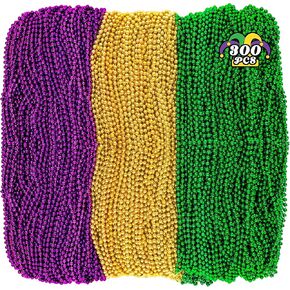 300PCS Mardi Gras Beads, 33" Mardi Gras Beads Necklace, Purple Gold Green Bead Necklace, Party Costume Toy Beads Parade Throws Bulk for Carnival Christmas Pirate Baby Shower Party Favors