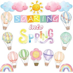 Spring Bulletin Board Decorations for Classroom - 22pcs Soaring Into Spring Hot Air Balloon Cutouts with Dot Glue for Spring Home School Wall Door Decorations