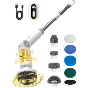 8-in-1 Cordless Electric Aquarium Cleaning Brush, Rechargeable Kit with 6 Replaceable Scrubber, 2-Speed Adjustable Handle for Fish Tank with Display for Tub/Tile/Floor Effortless Handle