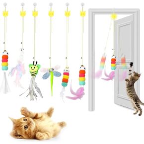 2025 New 6 Pcs Interactive Feather Cat Toys, Cat Teaser Retractable Indoor Cat Toy Self Play Hanging Cat Toy,Cat Toy Indoor Kitten Play Chase Fun Exercise, Mental Physical Stimulation