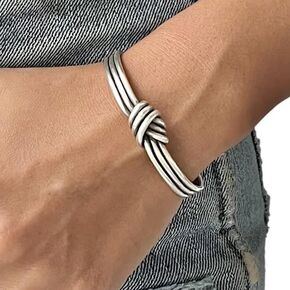 Sterling Silver Knot Cuff Bracelet, Minimalist Rustic Simple Tied Silver Wires, Adjustable 6 7/8 inches Cuff, Women size M-L, Men size S-M, Gift for Her or Him (6 7/8)