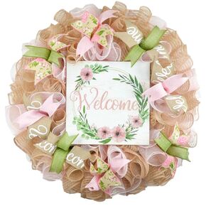 Welcome Floral Spring Wreath - Mothers Day Gift - Summer Front Door Decor - Everyday Decoration - Pink White