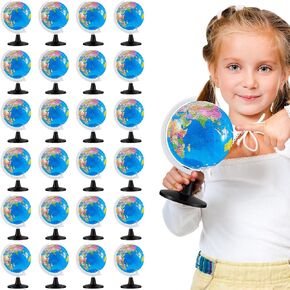 Henoyso 24 Pcs Mini World Globes for Kids Learning 3.4 Inches Rotating World Map Earth Globes Bulk with Stand for Classroom Table Decor Desk Centerpieces Decorative Geography Education, Blue