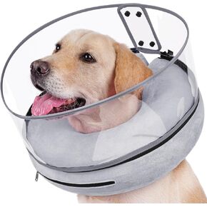 BARKLESS Inflatable Dog Cone, Protective Dog Surgery Collar to Stop Licking Biting Wounds, Soft Donut Cone with Detachable Clear Shield, Adjustable Blow-up Collar for Surgery Recovery (Grey, M+)