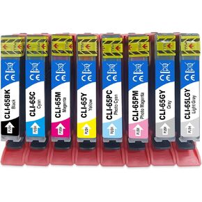 CLI-65 CLI65 Ink Cartridge Show Ink Level for CAN PIXMA PRO-200 PRO200 PRO 200 PRO-200S PRO200S PRO 200S Professional Photographic Inkjet Printer (8 Pack)