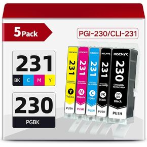 PGI-230 CLI-231 High Yield Ink Cartridge Compatible for Canon 230 231 Ink Cartridges PG230 CLI231 Ink Cartridges for Canon PIXMA TS8820 Inkjet Printer (5 Pack, PGBK Black Cyan Magenta Yellow)