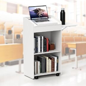 foiry Podium Stand with Side Table 41.3in Movable Floor Lectern with Wheels Podium Hostess Stand with Storage Shelves for Reception Presentation Church Classroom Office Restaurants White