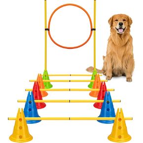6 Sets Dog Agility Hurdle Cone Set, Adjustable Obstacle Training for Puppy, Pet Crossbar Combo for Beginners for Backyard, 5 Sets x Pole Obstacles,1 Set x Hoop Jump