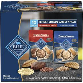 Blue Buffalo Tender Shreds Tasty Chicken Topper and Beef & Chicken Topper Natural Dog Food Complement, 2.5-oz. Pouch, 12-Count Variety Pack