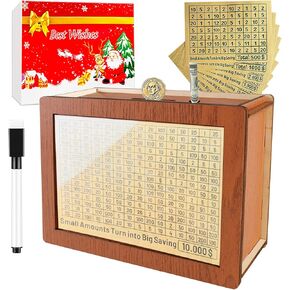 10000 Savings Challenge Box with 8 Targets, Piggy Bank for Adults Kids Gifts Wrapped, Kakeibo Wooden Money Box for Cash 10,000 Savings Box Cash Vault Budget Box Coin Bank for Girls Boys (Burlywood)