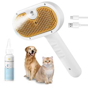Pet Steam Brush for Dog & Cat – 3-in-1 Spray Hair Removal Comb – Steam Brush for Shedding & Grooming – Water Brush for Long & Short Haired Pets – Spritz Defur Comb – Includes Waterless Shampoo
