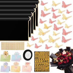 BESUPERT 52Pcs Flower Bouquet Wrapping Paper Kit, 20 Sheets Black Waterproof Floral Wrapping Paper, 1 Letter 1 Rhinestone Sticker, 12 Gold 12 Pink Butterflies, 5 Cards, 1 Black Ribbon (Gold Edge)