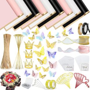 319 Pcs Flower Bouquet Wrapping Paper, Waterproof Korean Floral Wrapping Paper for Flower Money Bouquet with Butterflies Crowns Ribbons Floral Pins Sticks Clear Tape Greeting Cards and Card Holders