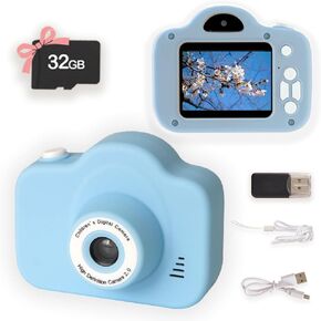 Kids Selfie Toy Camera Gifts for Boys Girls Unisex Age 3-9, Ange Smile HD Digital Video Cameras for Toddler, Toy for 3 4 5 6 7 8 Year Old Boy with 32GB SD Card Sports Christmas Birthday (Blue)