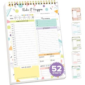 Decorably 52 Sheets Colorful Pastel Undated Daily To Do List Notepad, 6.5x10in Spring-Bound Hourly Daily Plan for Schedule, Priorities, To-Do List, Agenda, Water Intake, Meals, Notes and Doodles