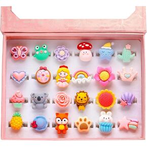 PinkSheep Little Girl Jewel Rings in Box, Adjustable, No Duplication, Girl Pretend Play and Dress Up Rings (24 Surface Ring)