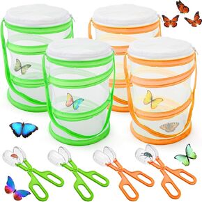 ZENFUN 8 Pieces Butterfly Kit, 4 Pcs Insect and Butterfly Habitat Cage with 4 Pcs Bug Catcher, Insect Mesh Cage, Caterpillar Enclosure, Monarch Butterfly Habitat, Terrarium Pop-up(Orange, Green)