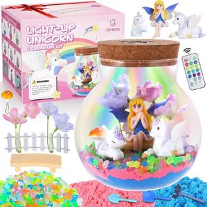 Kids Unicorn Terrarium Crafts Kit ، جهاز التحكم عن بُعد 13-في -1 LED LEG Light Up Color ، ألعاب عيد ميلاد يونيكورن للبنات ، ألعاب DIY Unicorn للبنات 4 5 6 7 8 9 10 11 12 سنة