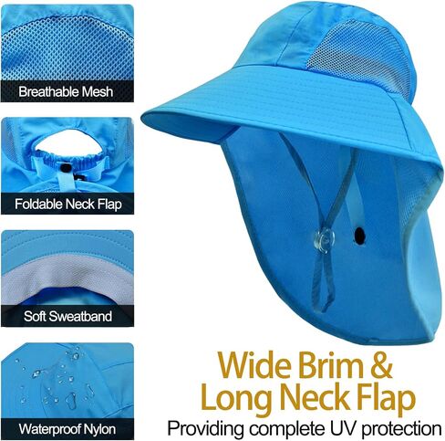 Rosoz Kids Sun Hat with Neck Flap UV Protection Summer Toddler Beach Hat Unisex Ponytail Hat Wide Brim Fishing Hat in Kuwait