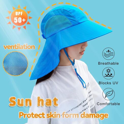 Rosoz Kids Sun Hat with Neck Flap UV Protection Summer Toddler Beach Hat Unisex Ponytail Hat Wide Brim Fishing Hat in Kuwait