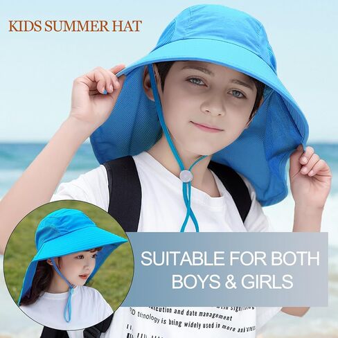 Rosoz Kids Sun Hat with Neck Flap UV Protection Summer Toddler Beach Hat Unisex Ponytail Hat Wide Brim Fishing Hat in Kuwait