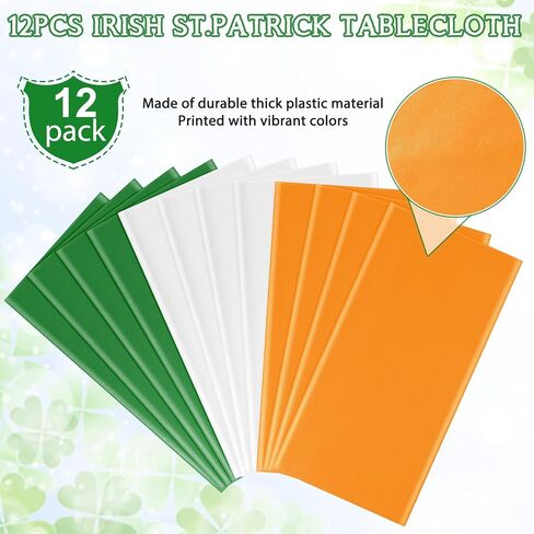 MASHAN 12 Pack St Patricks Tablecloth, Disposable Plastic Table Cloth Orange White Green Rectangle Table Covers for Irish St Patrick's Day Party Decorations and Supplies,54 * 108inch in Kuwait