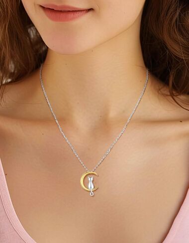 Cat Necklace for Women Girls, 925 Sterling Silver Cat On Moon Pendant 18K Gold Plated Jewelry Gifts for Daughter Girlfriend Cat Lover with Lovely Card in Saudi Arabia