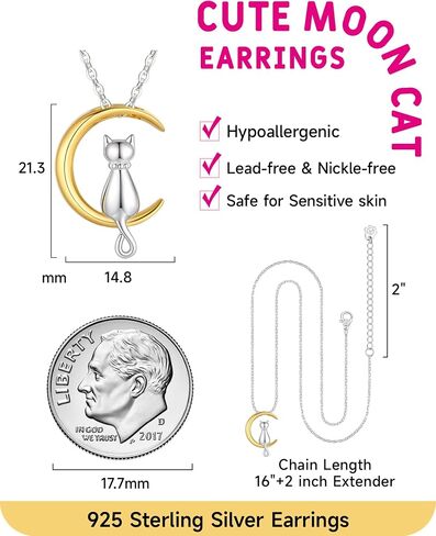 Cat Necklace for Women Girls, 925 Sterling Silver Cat On Moon Pendant 18K Gold Plated Jewelry Gifts for Daughter Girlfriend Cat Lover with Lovely Card in Saudi Arabia