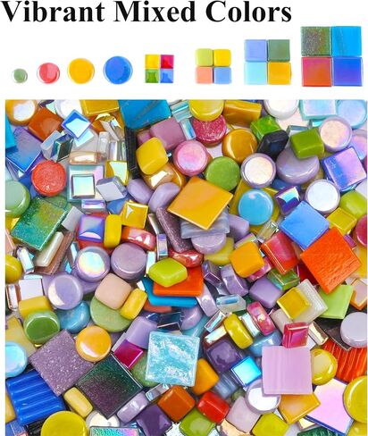 Colorful Glass Mosaic Tiles for Crafts – Mixed Round (4 Sizes) & Square (4 Types: Quartz, Mica, Jade, Crystal) Glass Tiles – Total 1.1LB Mosaic Pieces for DIY Art & Home Decor in Saudi Arabia
