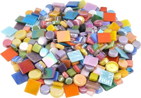 Colorful Glass Mosaic Tiles for Crafts – Mixed Round (4 Sizes) & Square (4 Types: Quartz, Mica, Jade, Crystal) Glass Tiles – Total 1.1LB Mosaic Pieces for DIY Art & Home Decor in Saudi Arabia