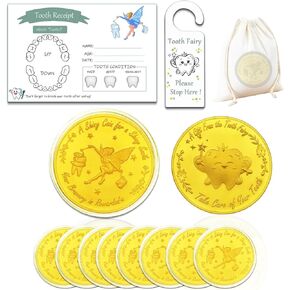 Tooth Fairy Coins, 10 Tooth Fairy Golden Coins, 10 Tooth Fairy Certificates and Tooth Fairy Door Hangings, Suitable for Children Boys and Girls Tooth Loss Reward Commemorative Coins