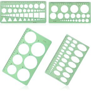 4pcs Circle Template for Drawing, Transparent Plastic Drafting Tool Various Geometric Round Circle and Oval Stencil Formwork Ruler Measuring Tool for Office School Building Drawings (Green)