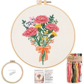 FONNUY Bouquet Flowers Embroidery Kit Love Mom for Beginners, Pre-Stamped Pattern Kits for Adults with Hoop, Easy to Follow Color Thread Needlework, 8'' Hoop (Wildflowers)