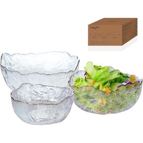 Glass Bowl Serving Bowl Set with Golden Rim in Organic Shape. Salad Bowl Set of 3 Sizes (400ml) (600ml) (1100ml) For Salad Snacks Popcorn Candies Etc.
