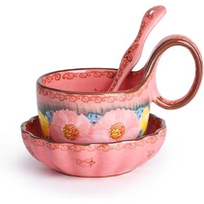 Handmade 16 oz Loop Handle Soup Bowl, Plate and Spoon Set - Ceramic Hand Painted Cereal Bowl Great for Soup, Ice cream, Snack, Stew in Gift Box, Dishwasher Safe, Glazed Pink