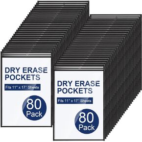 Yunsailing 80 Pack Dry Erase Pockets Job Ticket Holders Black Clear Reusable Dry Erase Shop Order Holder Plastic Ticket Pocket Protector Sleeves for Work Office Organization(10'' X 14'',Vertical)