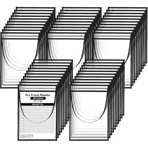 50 Pack Job Ticket Holders, Black 14 x 10 Inch Reusable Dry Erase Pocket with Strap Work Order Plastic Sleeves Shop Ticket Dry Erase Sheet Protectors for Teacher Classroom Office