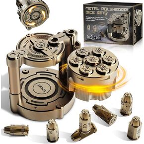 Metal Dice Set of 7, Rotatable Bullet Dice Set Revolver Storage Container, Rotating Fingertip Stress Relief Polyhedral Dice Set Toy, Metal Dice Set for Warhammer 40K, DND & Other Board Games(Brass)