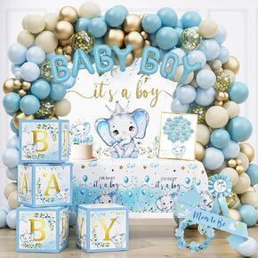 Elephant Baby Shower Decorations for Boy, Blue Elephant Baby Shower Party Supplies, It's a Boy Backdrop Tablecloth Elephant Balloon Arch BABY Box Mom to Be Sash Dad to Be Pin