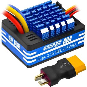 GOUPRC 80A 2S-3S LiPo Metal Brushed ESC Electronic Speed Controller T-plug/XT60 Plugs for 1/10 RC Car RC Boat for Use with 540/550/750 Motors